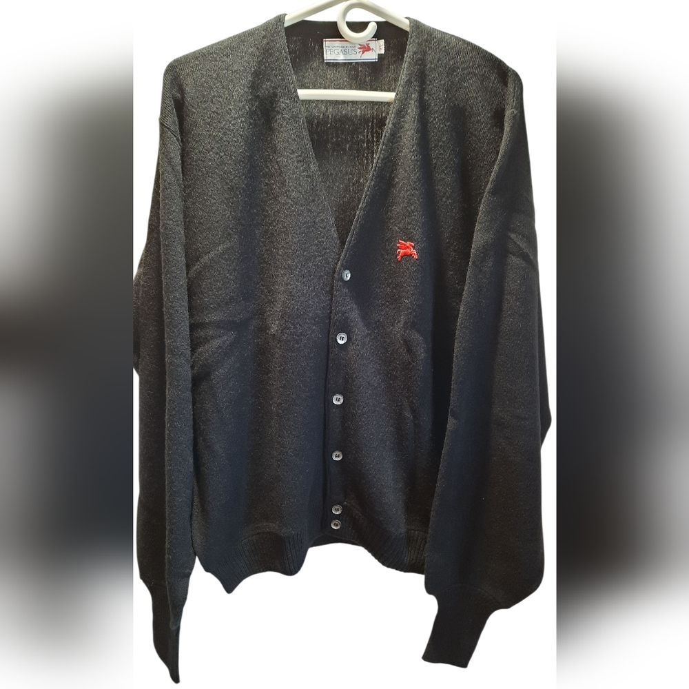 Pegasus Montgomery Ward Sweater Mens XL Black Cardigan Vintage Ecclectic Grandpa